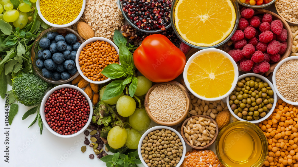 Food for good health and fitness concept with fruit, vegetables, pulses, grains, herbs, spices, nuts, seeds, olive oil & Himalayan salt. High in antioxidants, smart carbohydrates & anthocyanins Food for good health and fitness concept with fruit, vegetables, pulses, grains, herbs, spices, nuts, seeds, olive oil & Himalayan salt. High in antioxidants, smart carbohydrates & anthocyanins