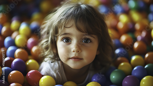 child playing in colorful ball pit, expressing joy and curiosity