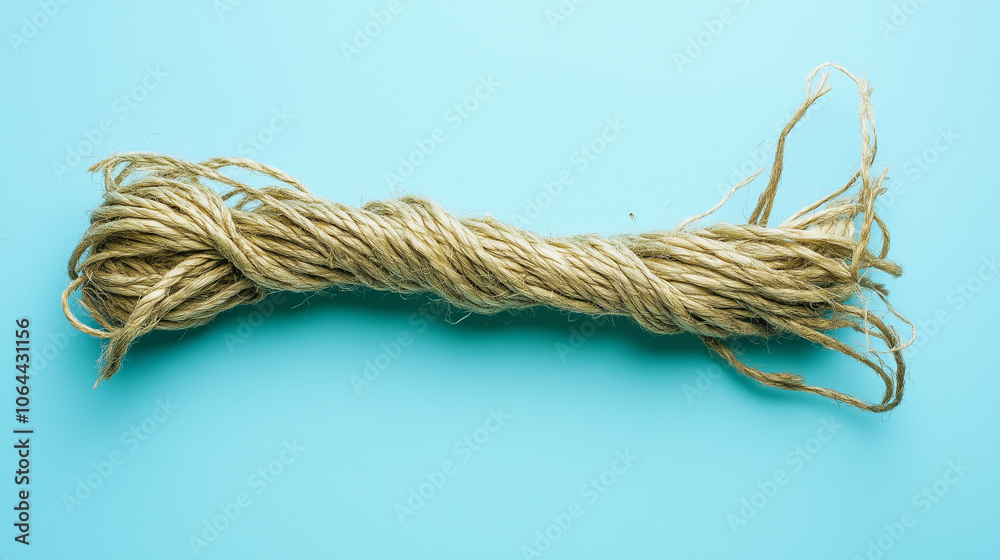 Piece of old fishing rope on a clean blue background, symbolizing ocean waste with a minimalist, focused composition Piece of old fishing rope on a clean blue background, symbolizing ocean waste with a minimalist, focused composition