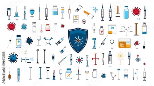 Vaccine Icons Collection Featuring Immunity Shield Virus and Syringe Symbols on a Clean White Background  Graphic Design Elements for Medical Health and Science Concepts photo