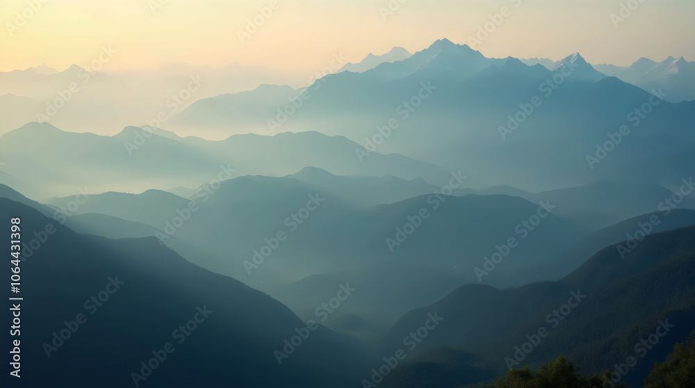 vast mountain landscape at dawn, with rolling mist over the valleys vast mountain landscape at dawn, with rolling mist over the valleys