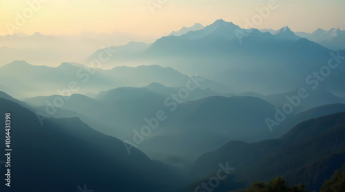 vast mountain landscape at dawn, with rolling mist over the valleys