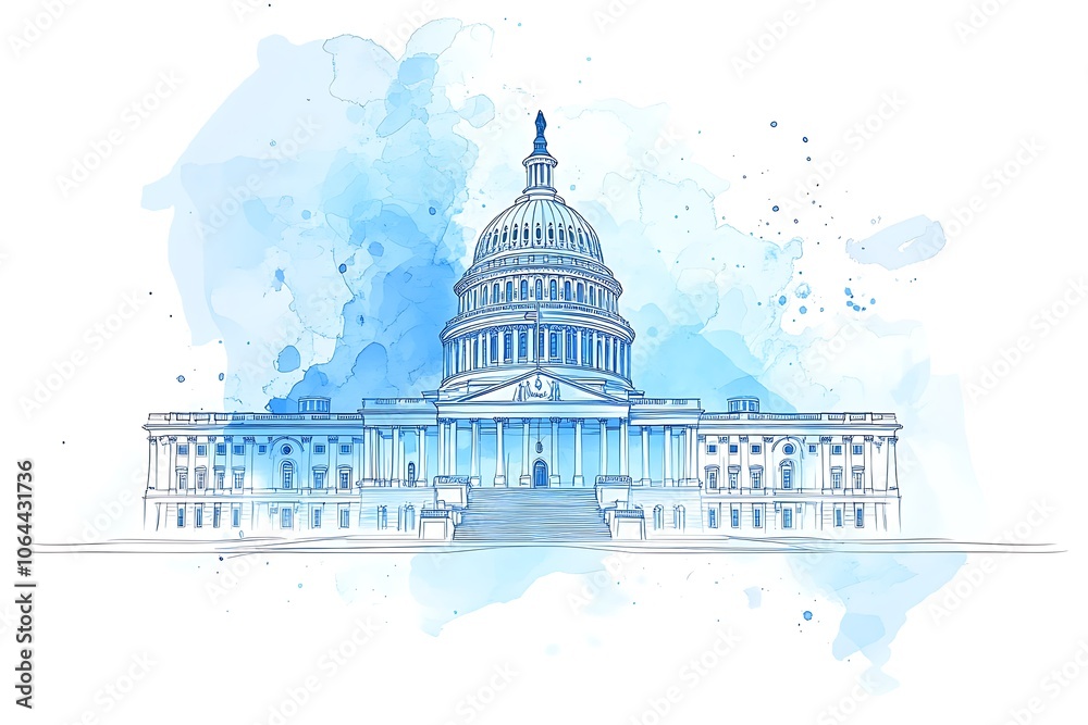 Fototapeta premium Watercolor sketch or illustration of a beautiful view of the US Capitol building in Washington DC in the USA.