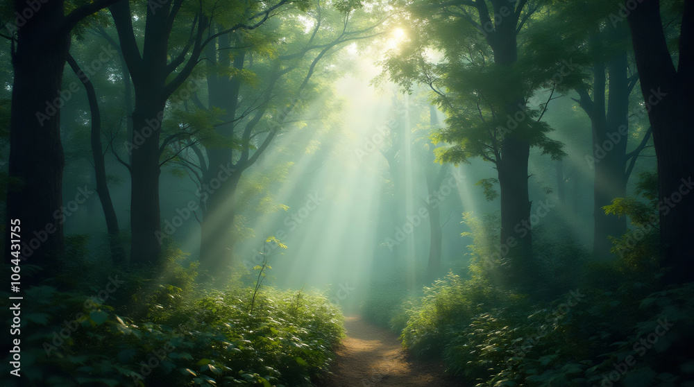 dense forest scene, with multiple layers of trees, plants, and soft fog creating depth dense forest scene, with multiple layers of trees, plants, and soft fog creating depth