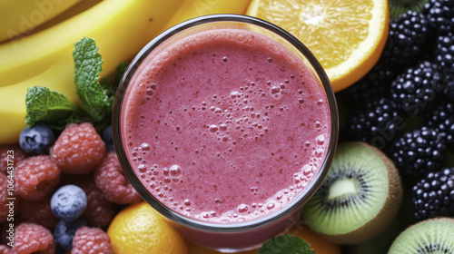 Fresh smoothie made with berries, bananas, and citrus fruits