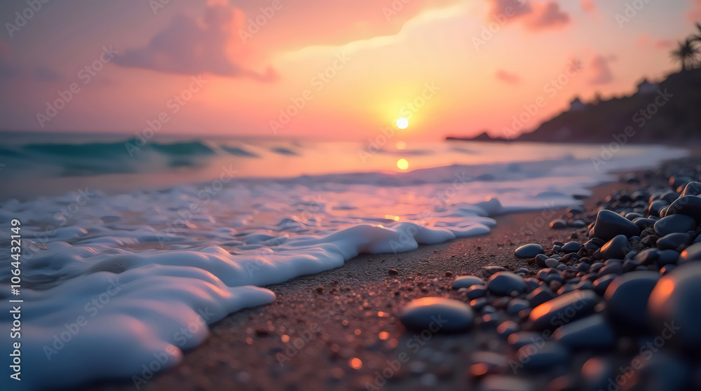 peaceful ocean shoreline at sunset, waves gently lapping against smooth stones, with warm hues of orange and pink reflecting on the water peaceful ocean shoreline at sunset, waves gently lapping against smooth stones, with warm hues of orange and pink reflecting on the water