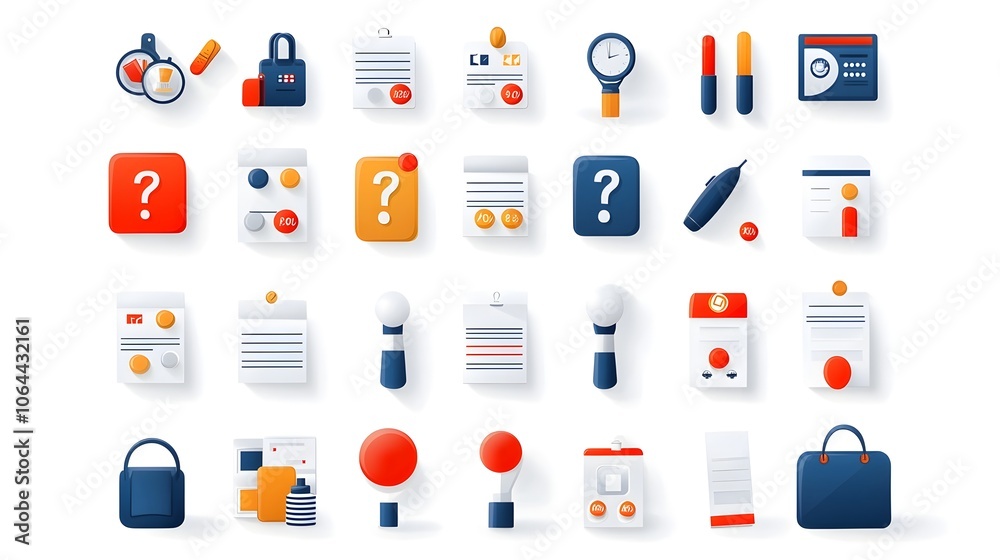Diverse set of survey and poll icons featuring question forms rating scales and data visualization symbols against a clean white background This graphic collection can be used for infographic Diverse set of survey and poll icons featuring question forms rating scales and data visualization symbols against a clean white background This graphic collection can be used for infographic