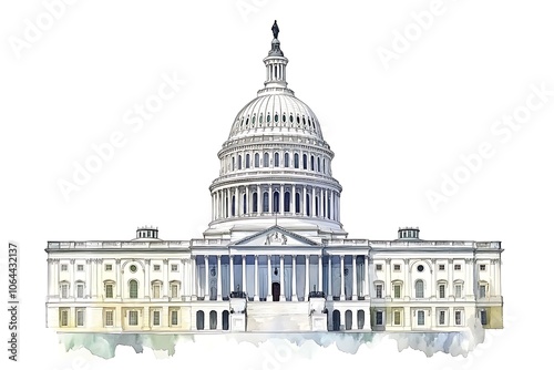 Watercolor sketch or illustration of a beautiful view of the US Capitol building in Washington DC in the USA.