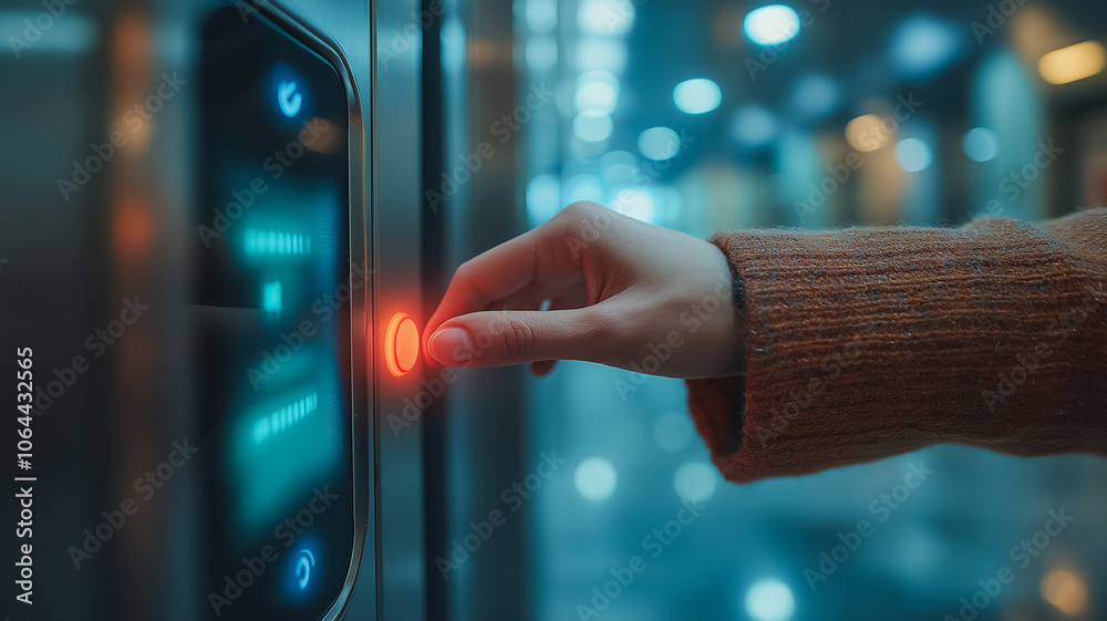 custom made wallpaper toronto digitalA person is pressing a button on a machine with a red light. The button is glowing red, indicating that it is in use