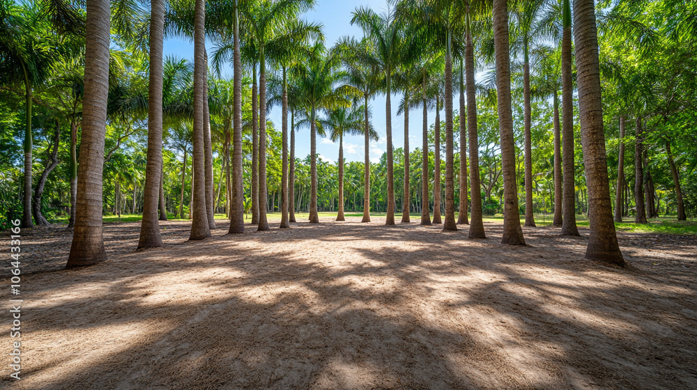 Tropical palm trees casting shadows on a sandy ground under bright blue sky.