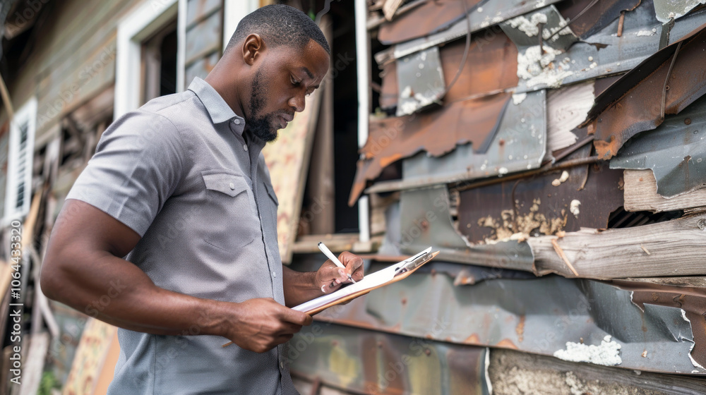 Inspector assessing building with rusted siding after severe storm