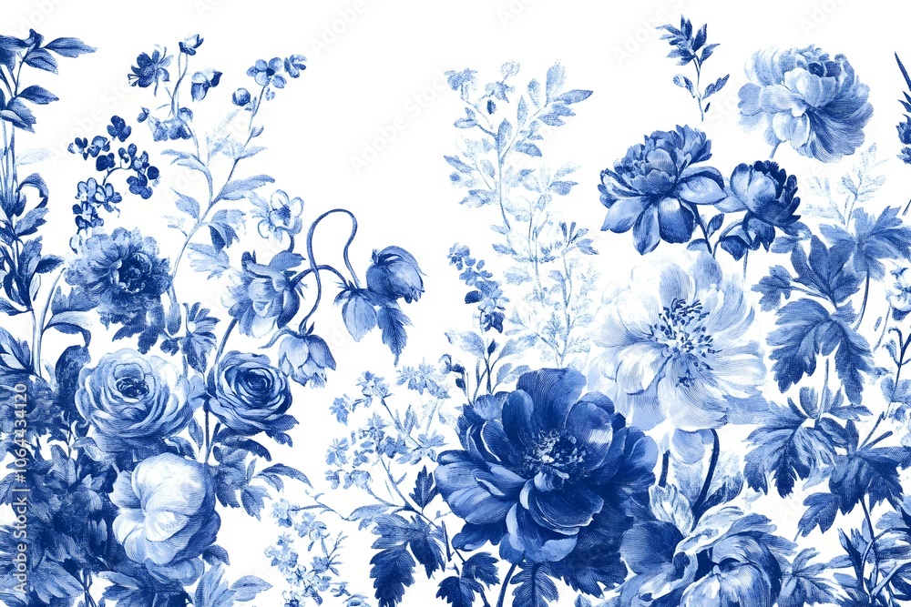 Obraz premium French Floral Toile Blue and White Vintage Illustration