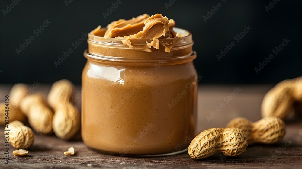 Creamy Peanut Butter in a Rustic Jar on Wooden Counter with Natural Ambiance Creamy Peanut Butter in a Rustic Jar on Wooden Counter with Natural Ambiance