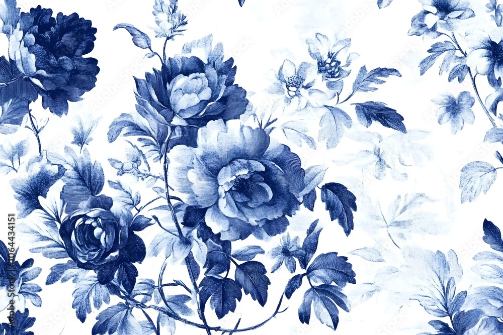 Obraz premium French Floral Toile Blue and White Vintage Illustration