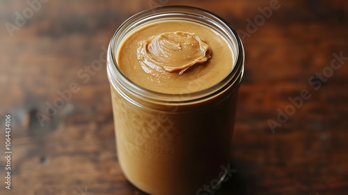 Creamy Natural Peanut Butter in Glass Jar with Handmade Label on Warm Wooden Background