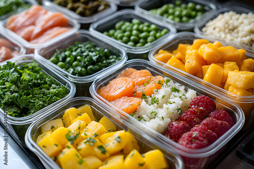 Fresh meal prep containers with vibrant ingredients like salmon, rice, mango, peas, raspberries, and greens, perfect for healthy, convenient, and balanced diet meal planning. Fresh meal prep containers with vibrant ingredients like salmon, rice, mango, peas, raspberries, and greens, perfect for healthy, convenient, and balanced diet meal planning.
