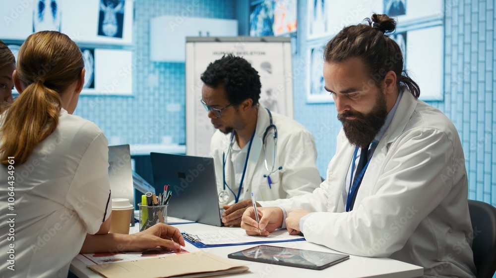 Physician writing a prescription for treatment plan at his cabinet desk, recommending medicine for disease prevention. Medic consulting analytics and hospital records in a clinic. Camera B.