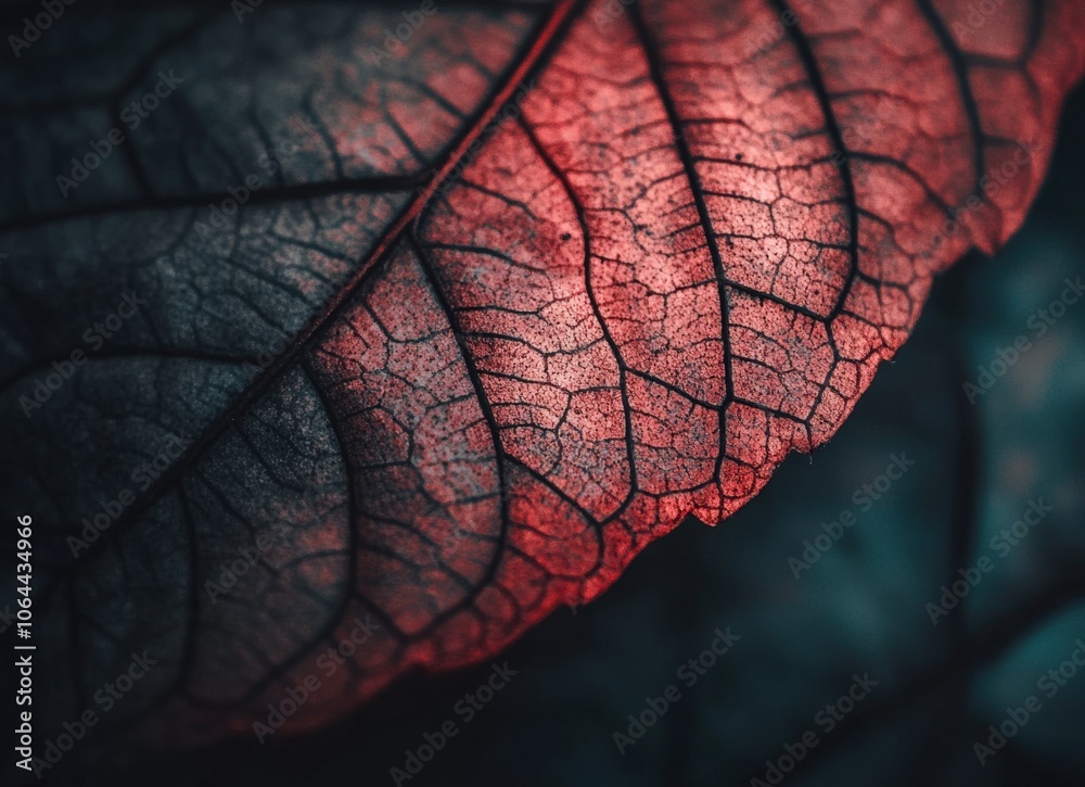 A close-up image of a red leaf with veins and a dark background. A close-up image of a red leaf with veins and a dark background.