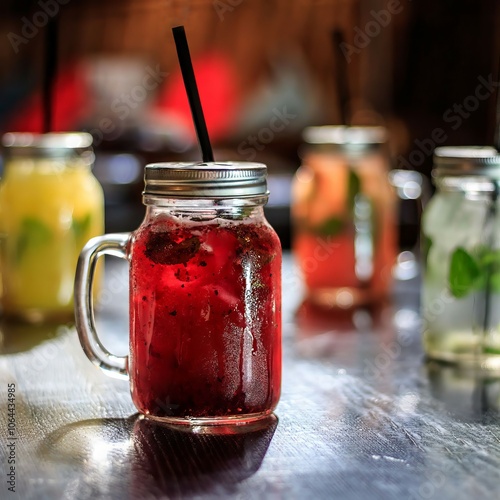 Colored fruit cocktails in glasses with a straw and lids on a black wooden table. Drinks at the restaurant.