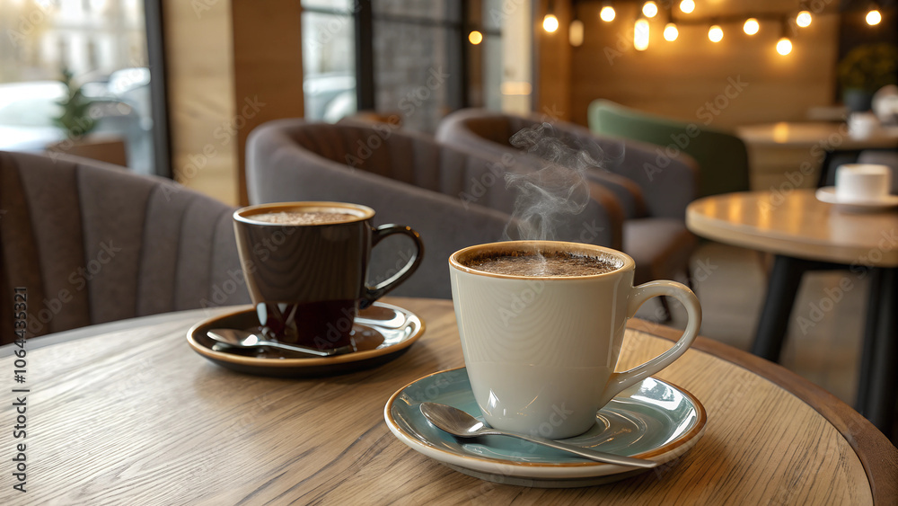 Two steaming cups of coffee on a wooden table in a cozy cafe, inviting atmosphere, concept of relaxation and enjoyment
