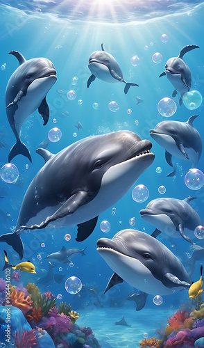 Illustration Background of Whales and Dolphins Blowing Bubbles with Happy Faces in an Ocean Setting photo