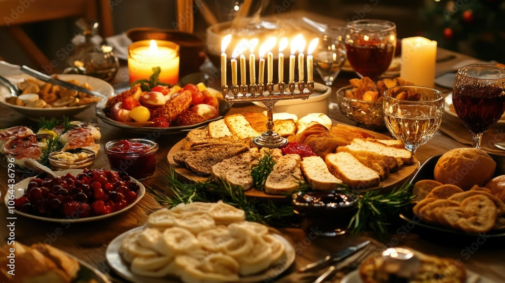 Festive Table Spread with Menorah and Assorted Dishes