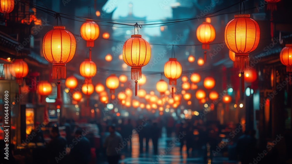 Vibrant lanterns illuminating a bustling street market at dusk Vibrant lanterns illuminating a bustling street market at dusk