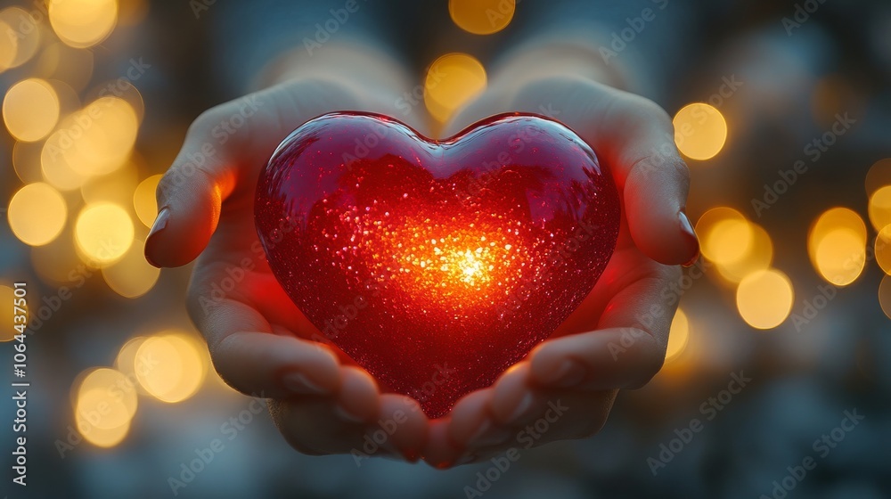 Glowing red heart held gently in hands with bokeh background Glowing red heart held gently in hands with bokeh background