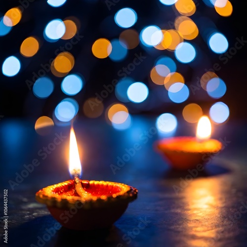 happy diwali diya background glowing candle on blue bokeh background with sparkling lights hindu indian festival celebration copy space for text