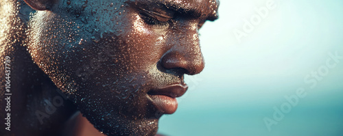 Close up of man with glistening skin, showcasing sweat and emotion under sunlight, reflecting resilience and strength