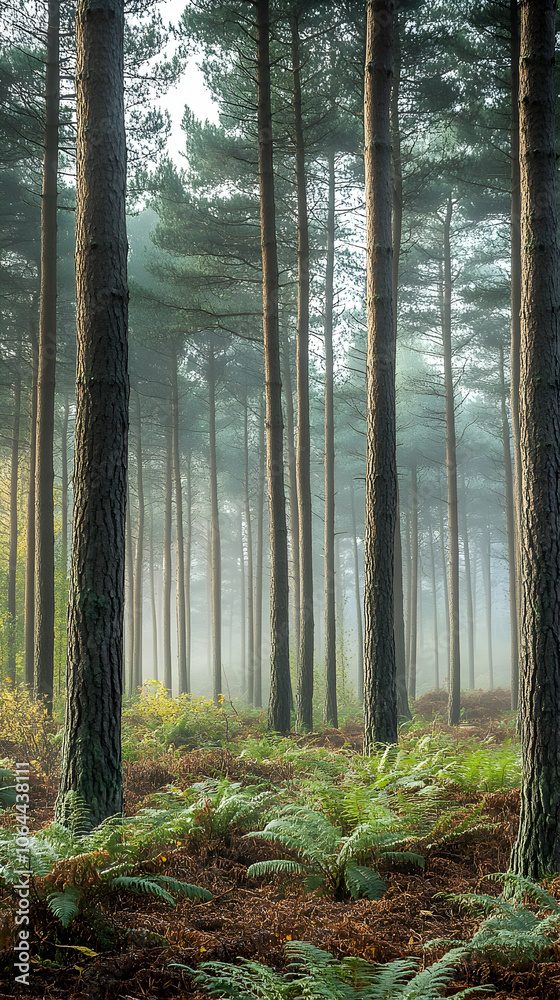 Obraz premium Tall pine trees stand in a dense forest with fog obscuring the distance. The forest floor is covered in ferns and fallen leaves.