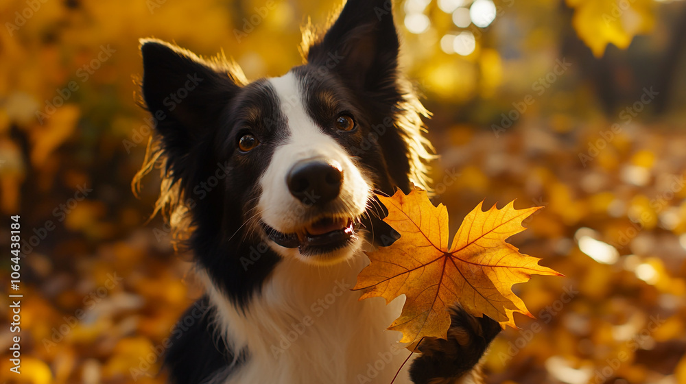 A playful dog holds a vibrant autumn leaf in a park filled with fallen leaves in October A playful dog holds a vibrant autumn leaf in a park filled with fallen leaves in October