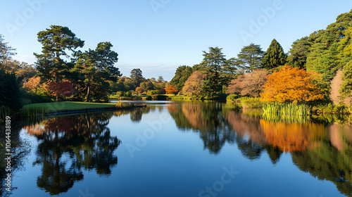 Tranquil autumn scene of a lake with vibrant colors reflected in the water.