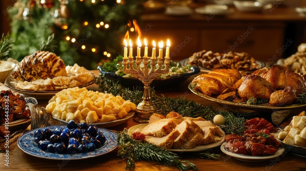 Naklejka premium Festive Table Setting with Holiday Foods and Decorations