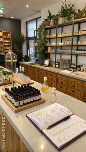 A Perfume Lab Featuring Glass Vials and Natural Elements in a Modern Space. Generative AI photo