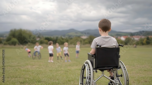 A child in a wheelchair being excluded from a group of children playing, symbolizing social exclusion and disability   disability rights, social exclusion, inequality