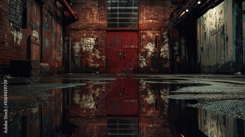 Red doors and a puddle in an alleyway. A dark and moody image that can be used for a variety of purposes, including horror, mystery, and urban decay.