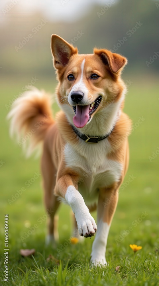 Happy Dog With Wagging Tail Running on Green Grass in Sunlight. Generative AI Happy Dog With Wagging Tail Running on Green Grass in Sunlight. Generative AI