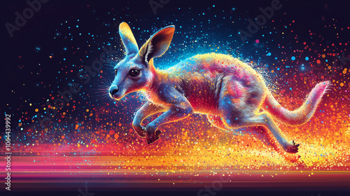 Neon kangaroo illustration with colorful glowing lights