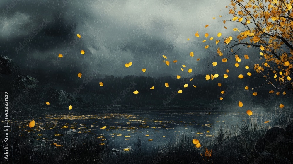 Obraz premium Dark Stormy Landscape with Falling Leaves