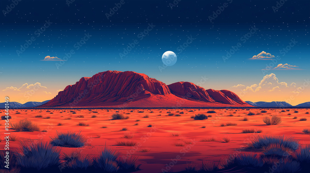 Desert mountain under blue sky with full moon at dusk Desert mountain under blue sky with full moon at dusk