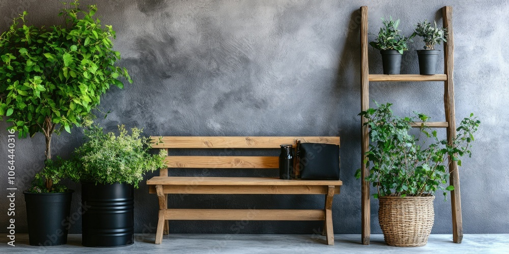 Fototapeta premium Fresh Potted Plants on a Wooden Bench