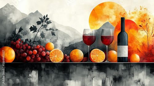 Artistic wine and fruit arrangement with sunset and mountains