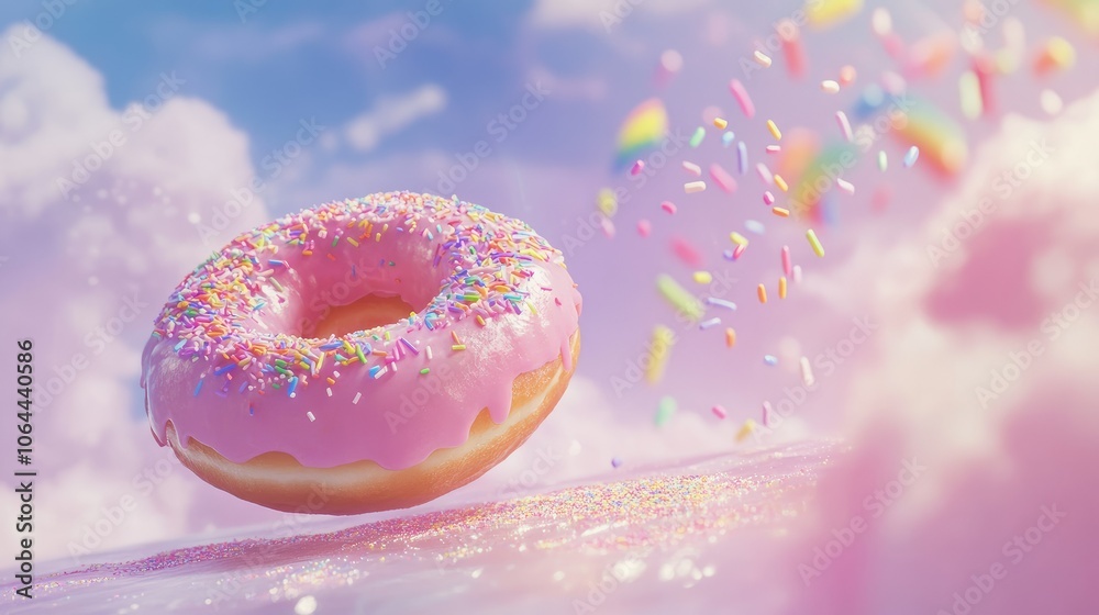 Floating Donut with Colorful Sprinkles in Dreamy Sky Floating Donut with Colorful Sprinkles in Dreamy Sky