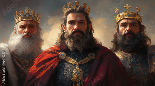 Three kings in royal attire with crowns and majestic expressions