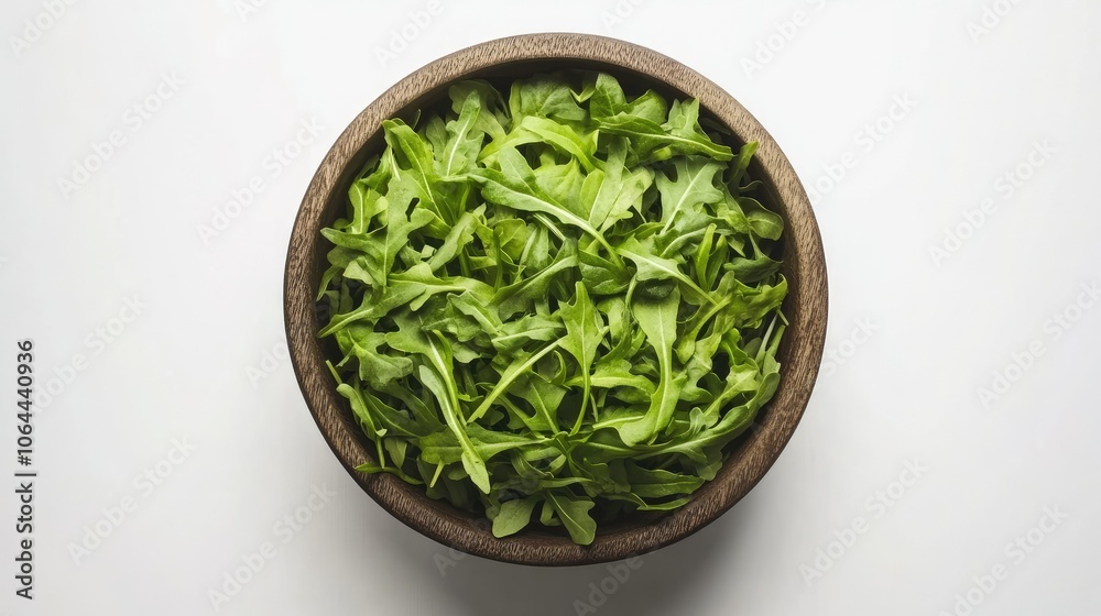 Fresh Arugula in Wooden Bowl on White Background Fresh Arugula in Wooden Bowl on White Background