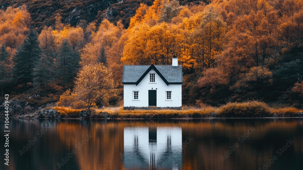 Fototapeta premium Serene Autumn Lake with White House Reflection