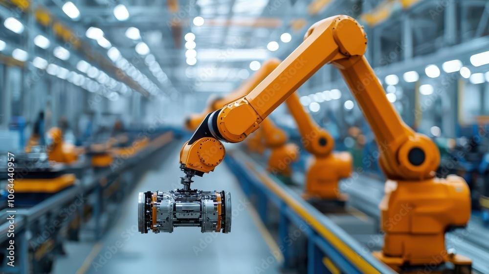 Large industrial robots moving automotive parts on a production line, automotive robotics, high-tech manufacturing Large industrial robots moving automotive parts on a production line, automotive robotics, high-tech manufacturing
