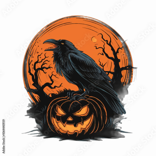 black raven perched on a pumpkin with a black moon halloween gothic vector illustration