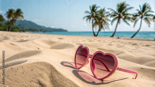 Heart-shaped pink sunglasses on a sandy beach, cheerful mood, concept of summer and vacation 